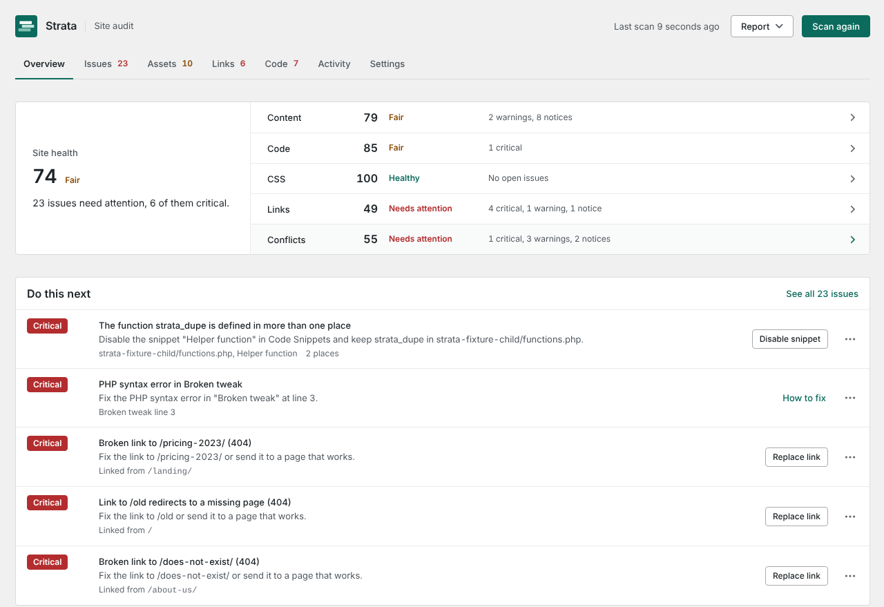 The Strata Overview: a site health score of 74 with one sentence on what needs attention, a score for each area (Content, Code, CSS, Links, Conflicts), and a Do this next list of the five most important issues, each with what to do and a fix button or a how-to link.